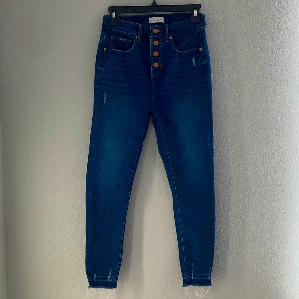 Loft High Waist Button Fly Raw Hem Skinny Jeans